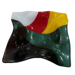 Studio Hand Blown Bowl Marked Slyman Art Glass Geometric Colorful 9.5” Square